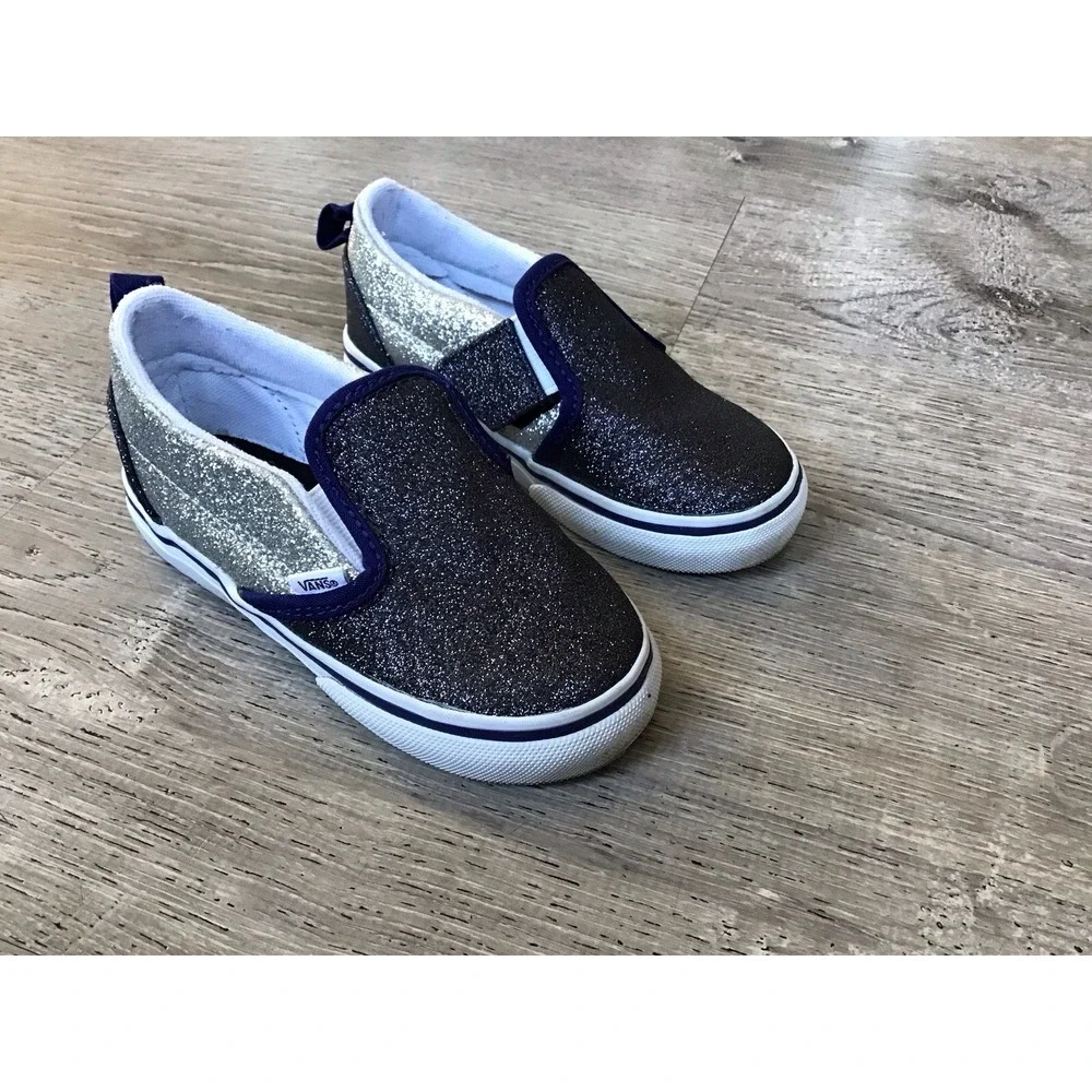 Vans Toddler Size 8.5 slip on Sneakers Glitter silver Blue Off The Wall Shoes